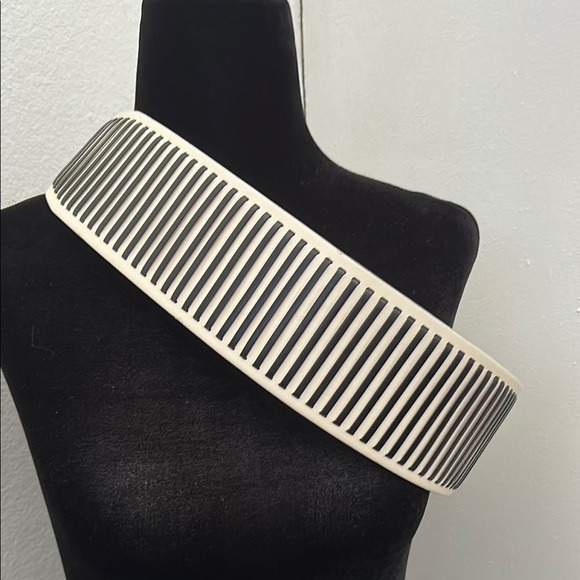 Calvin Klein Ivory Leather Belt with Black Lace Stripes and Gold Hardware - Picture 1 of 14